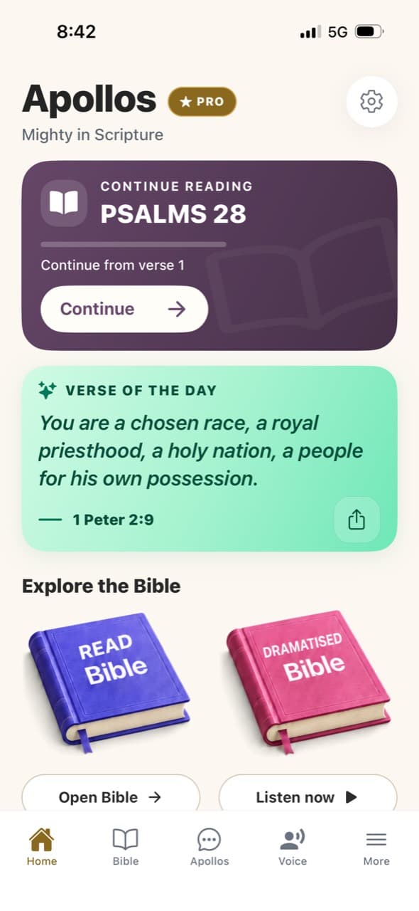 Apollos Home with Psalms 28, Verse of the Day and Bible reading shortcuts.